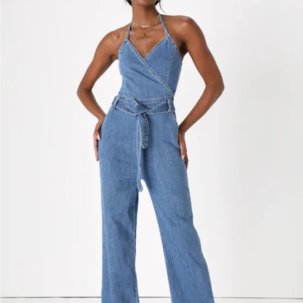 Lulus Flirty Throwback Medium Wash Denim Surplice Halter Jumpsuit